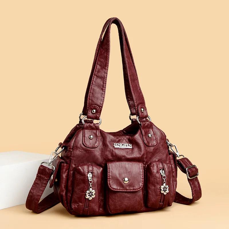 Retro Leather Female Multi-pockets Shoulder Crossbody Bags for Women Mother 2 Layers Large Capacity Handbag Messenger Tote Bag