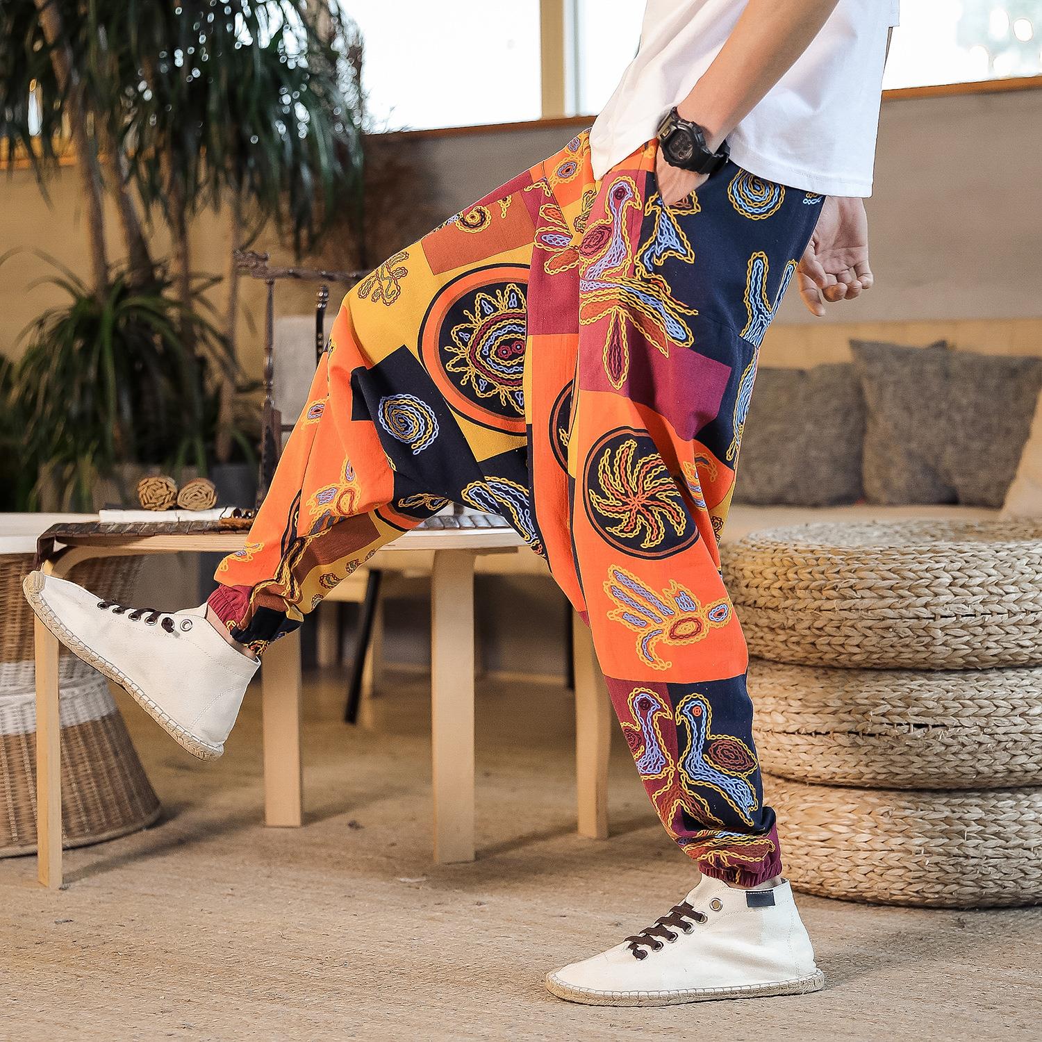 

Men Harem Pants Print Retro Drop Crotch Joggers Trousers Men Baggy Loose Nepal Style Men Casual Pants S