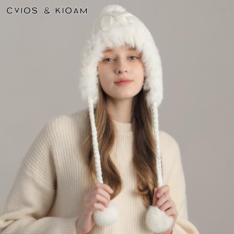 New Korean Winter Pullover Hat for Women Plus Velvet Thick Plush Knitted Outdoor Warm Wool Ball Ear Protection Hat