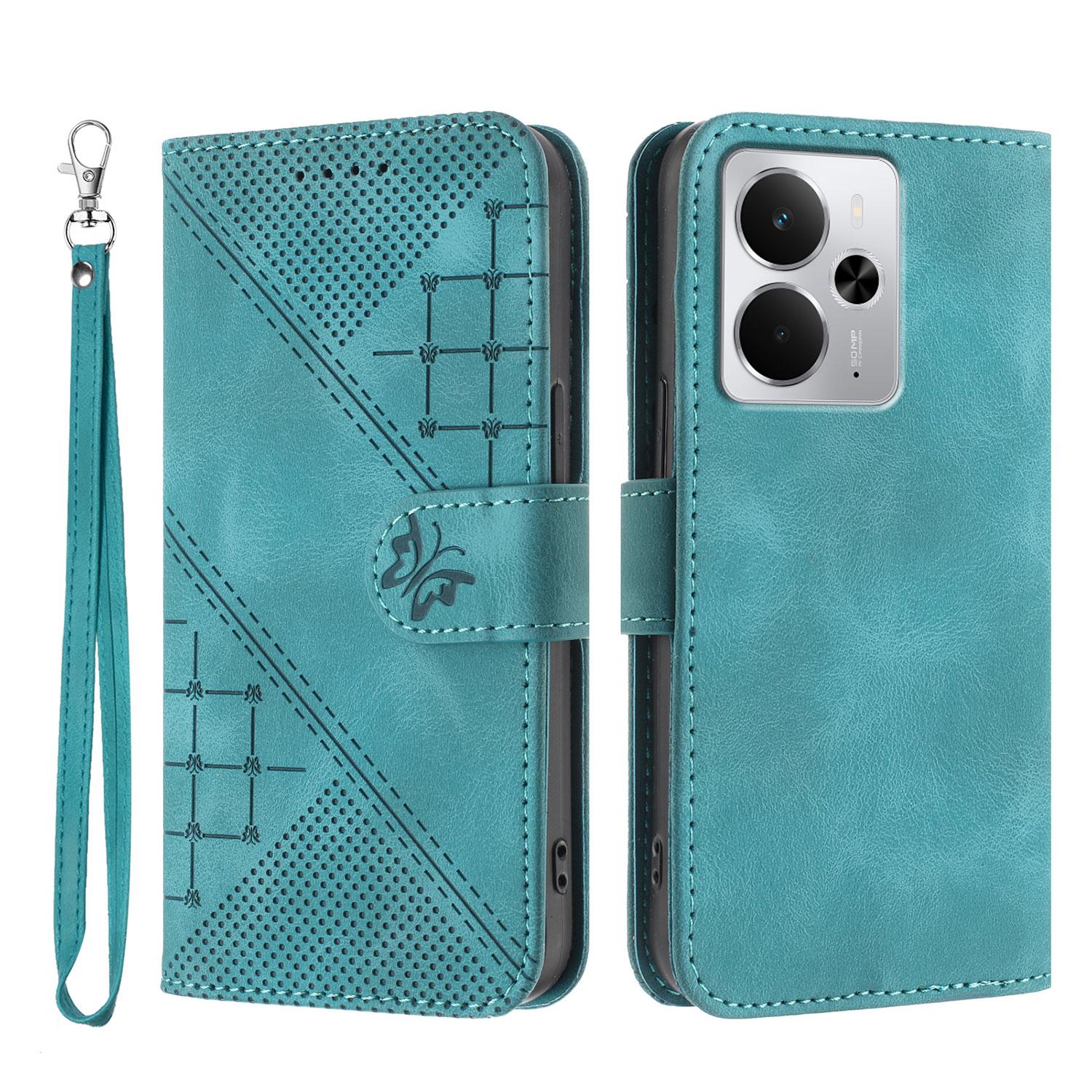 

For Realme P3 5G/Realme Neo7x 5G/Realme 14 5G Leather Wallet Case Butterfly Flower Imprinted Phone Cover with Strap Light Blue