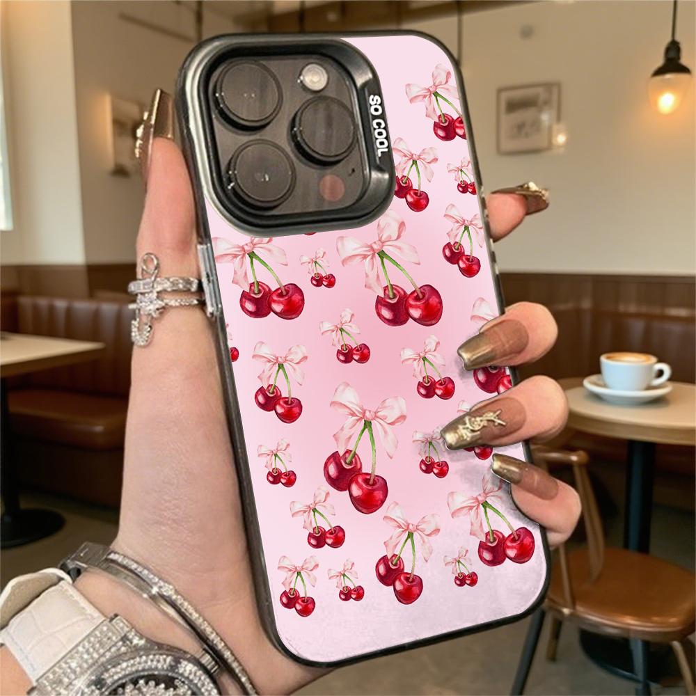 Cherry and Bow Pattern Shockproof Phone Case for Iphone 16 15 14 13 12 11 Pro Max/Mini Anti-Scratch Premium Hard Cover