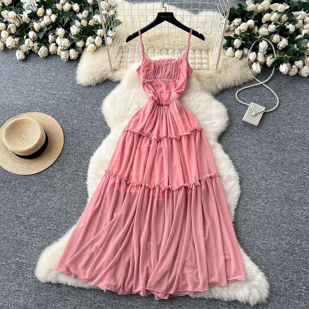 French coffee break retro suspender dress women's vacation style waist thin pleated design drape big pendulum long skirt