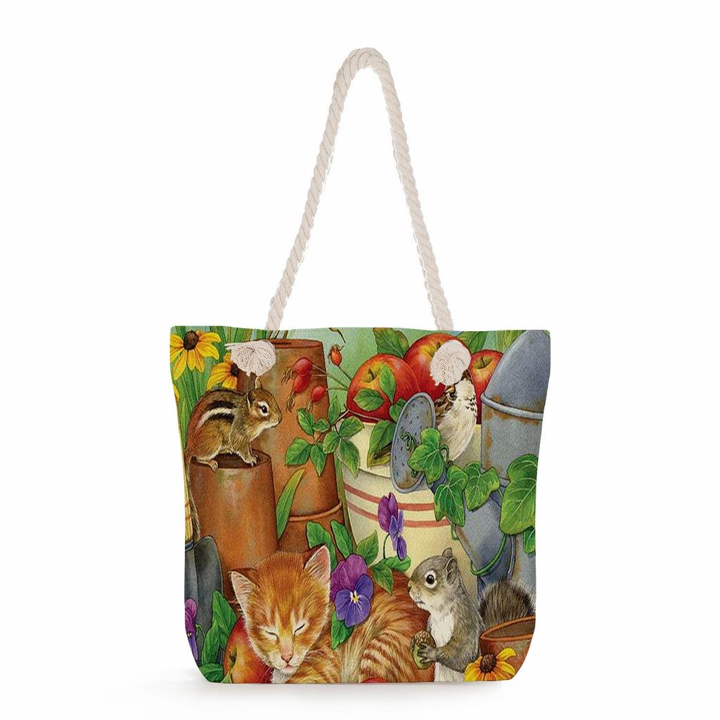 Flower Cat Print Thick Rope Single-shoulder Beach Bag 7269 CLE