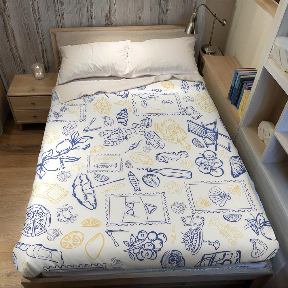 Blue and Yellow Seaside Elements Flannel Blanket Warm Soft Halloween Christmas Couch Warm Cozy Decorative Decor for All Season