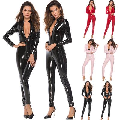 Plus Size Faux Leather One Piece Jumpsuit Sexy Lingerie Bodysuit Deep V Neck Long Sleeve Zip Front Slim Fit Catsuit