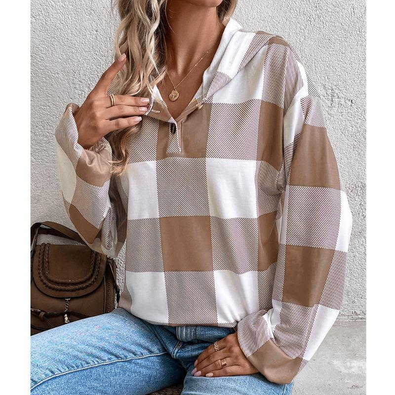 Neues Herbst- und Winter Damen Neutrales Karomuster Locker Lässig Mode Knopf Kapuzenpullover Langarm