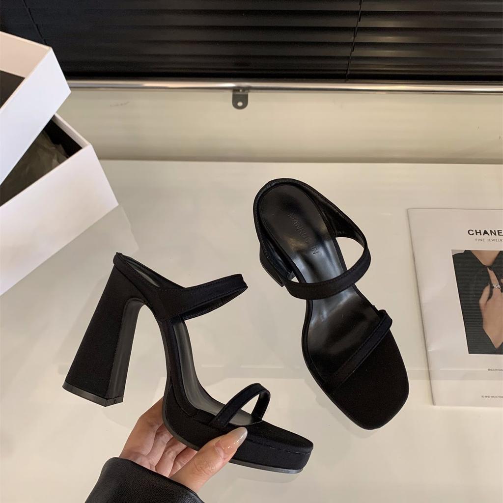 thick heel super high heel leopard print one-word slippers women's shoes wear 2025 new summer temperament black sandals