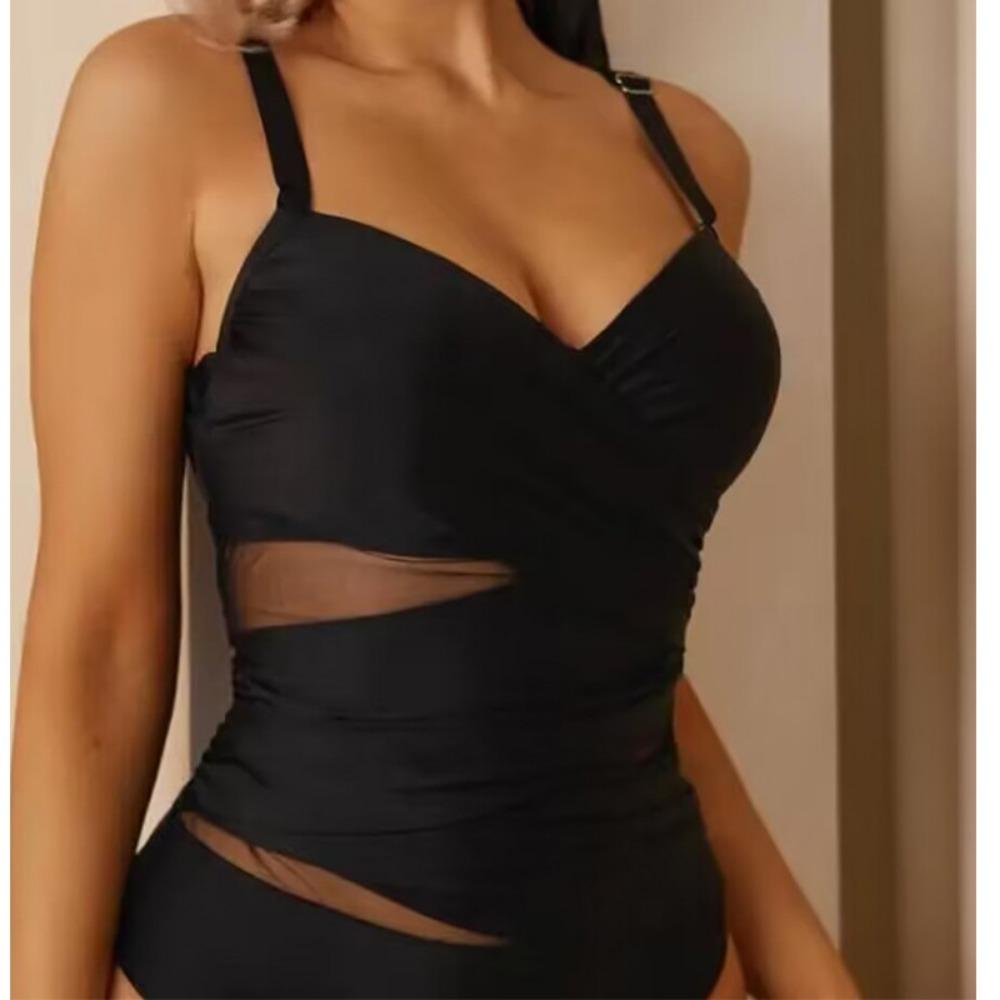 Swimwear Women's European and American Solid Color Women's Sexy Mesh One-piece Swimsuit