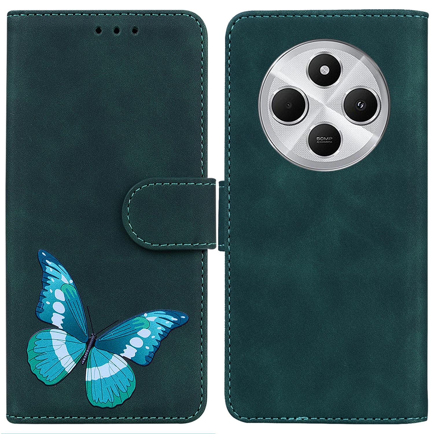 

For Xiaomi Poco C75 4G/Redmi 14R 5G/14C 4G Stand Case PU Leather Phone Cover Butterfly Printed Green