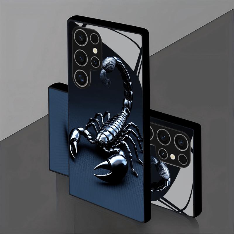 Black Silver Scorpion Pattern Glass Phone Case Suitable for Samsung Galaxy S26 S25 S24 S22 S21 S20 FE/Ultra/Plus Hard Case