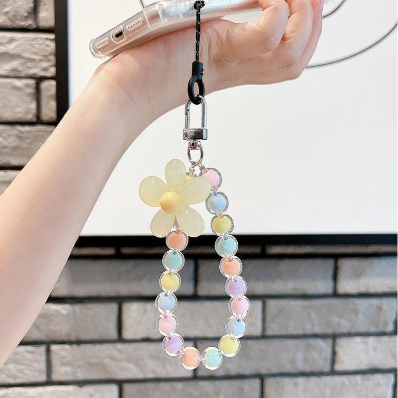 INS Candy Color Mobile Phone Lanyard Wrist Strap Women Girls Korean Beaded Flower Bracelet Anti-lost Case Bags Keys Pendant