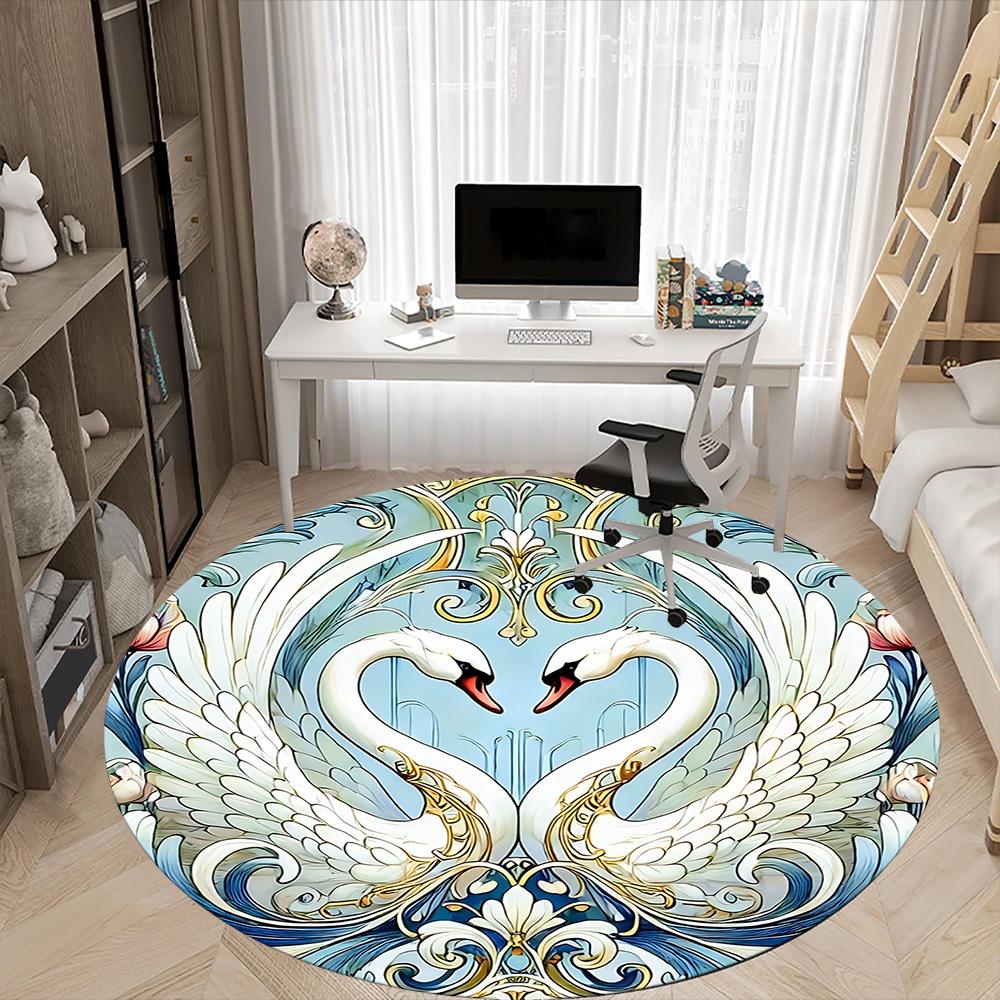 1pc Swan Art Office Round Area Rug, Indoor Mat Suitable ForOffice, Under Office Chairs Bedroom Living Room Home Decor D019