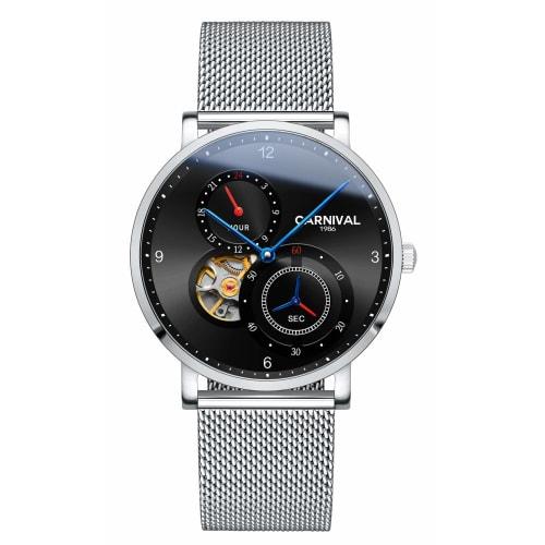 

Carnival Men s Automatic Mechanical Watch with Skeleton Design, 24-Hour Display, Small Seconds, and Water Resistance (Silver/Black)