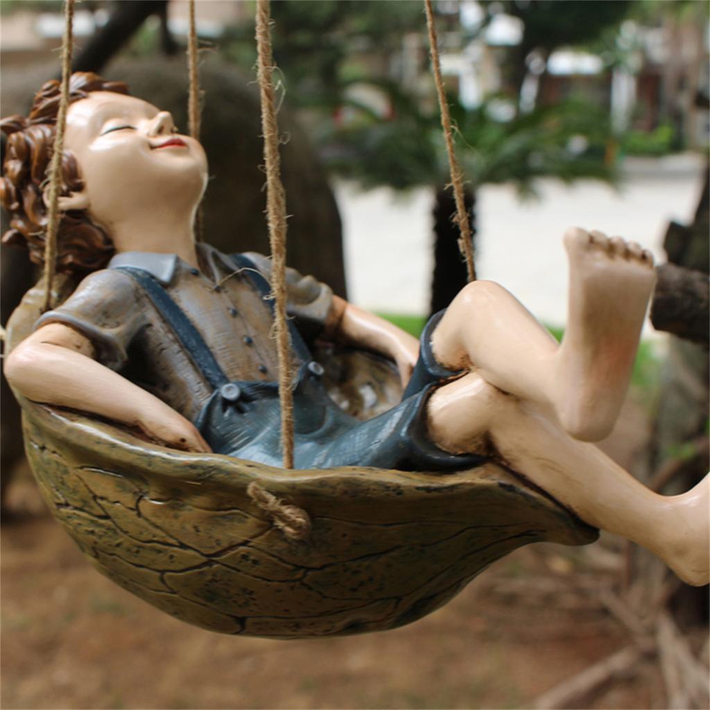 Swing Boy Statue Leisurely Atmosphere Garden Resin Sculpture Ornament for Home Office Desktop Living Room Book