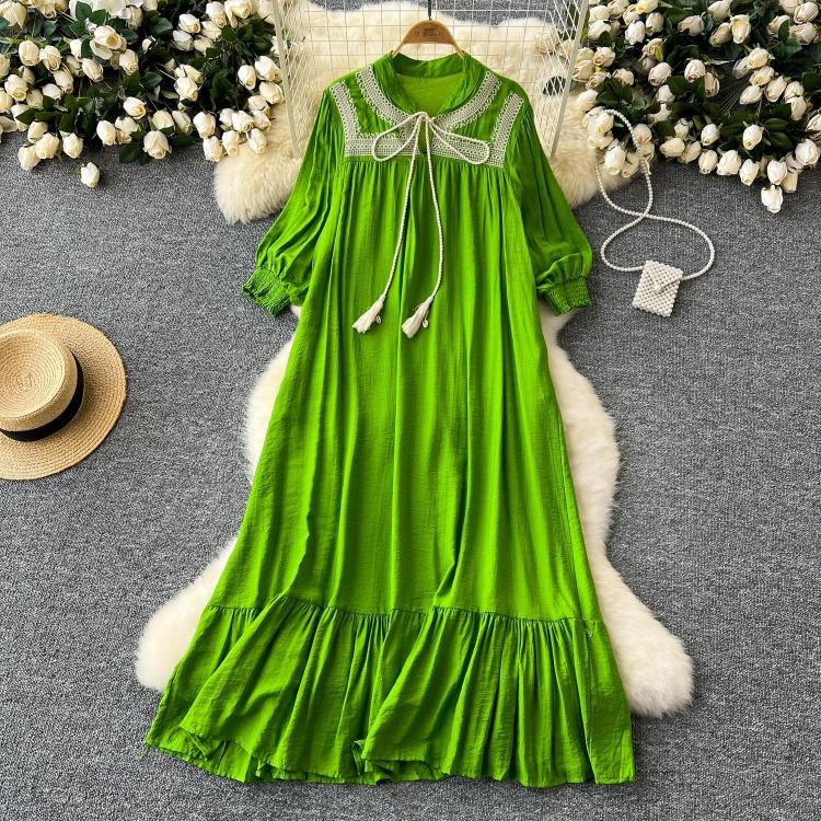 

Elegant Retro Lace Up Summer Dress for Women A Line Ruffle Lantern Sleeve Loose Vacation Sweet O Neck Dresses One Size зелёный