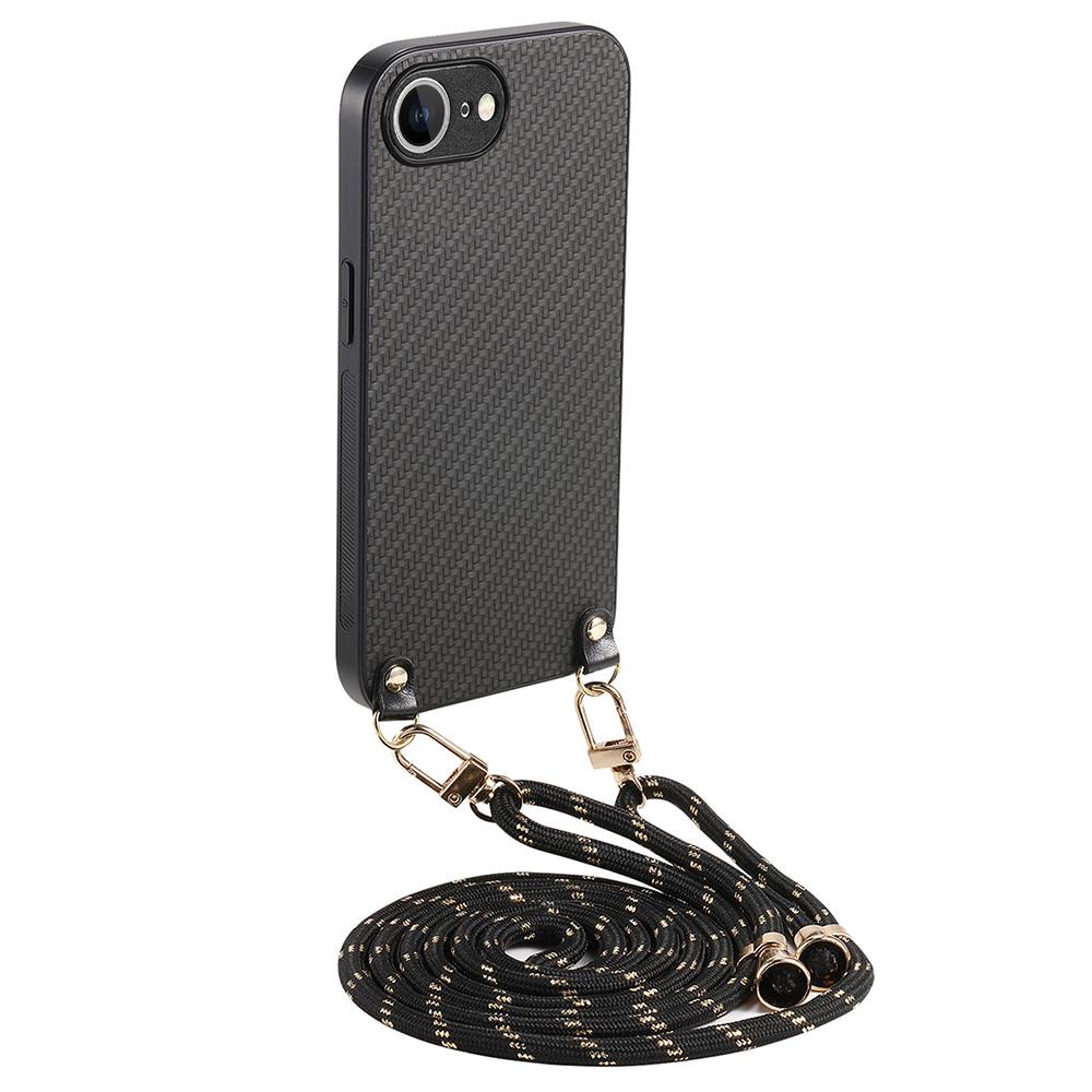 For iPhone 16e Case Carbon Fiber Texture PU+PC+TPU Anti Drop Phone Cover with Crossbody Lanyard