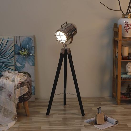 93.98 Cm Black Wooden Tripod Nickel Spotlight Industrial Nautical Searchlight for Home, Office, Livingroom, Bedroom, Diningroom Decor