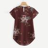 Women Casual Round Neck Basic Floral Pleated Top Cap Short Sleeve Shirt Blouse