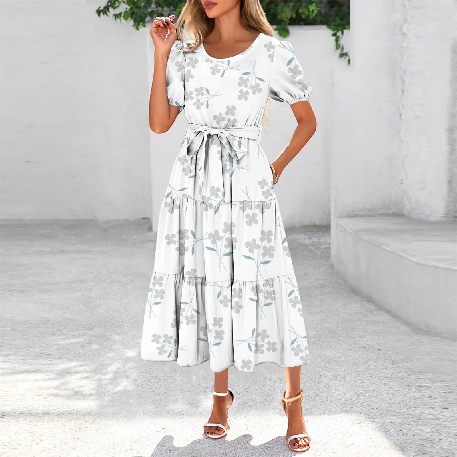 

Женское летнее платье макси с коротким рукавом, круглым вырезом, поясом и карманами в стиле бохо с струящейся отделкой S