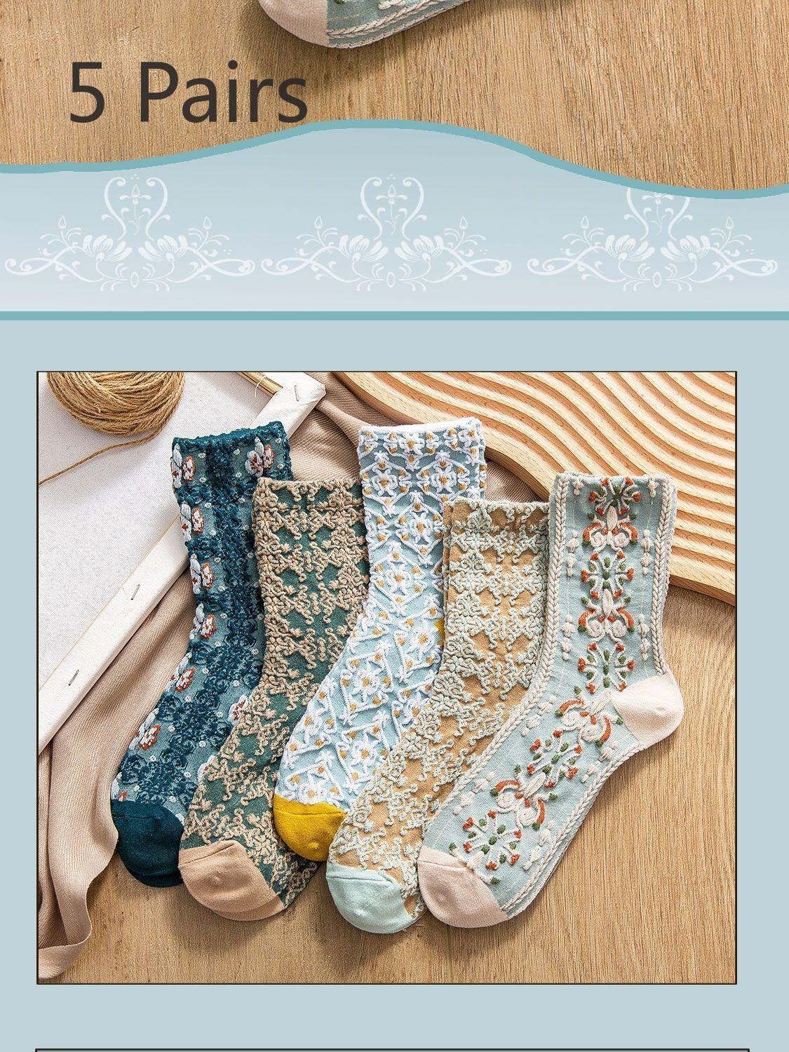 

5 пар носков средней длины, в стиле ретро-этно, с цветочным узором в стиле лолита, женские носки в придворном стиле, модные носки 5 pairs