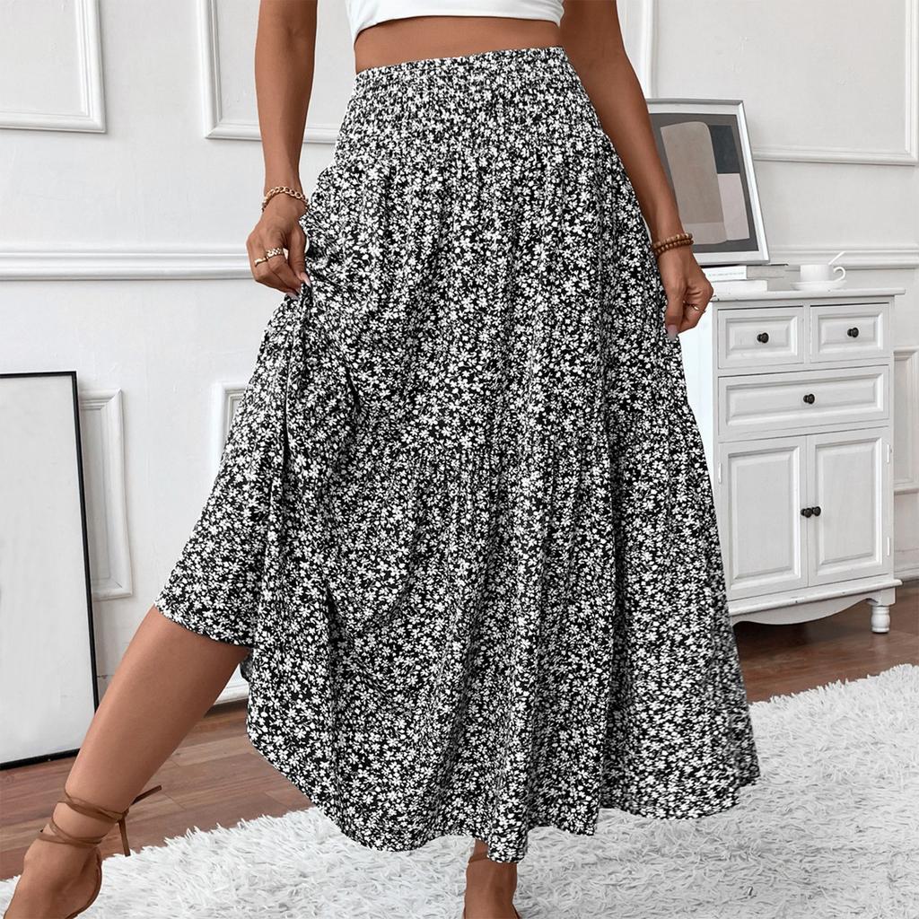 Women s Fashion Pleated Floral Print Elastic Waist Loose Splicing A Line Skirt S