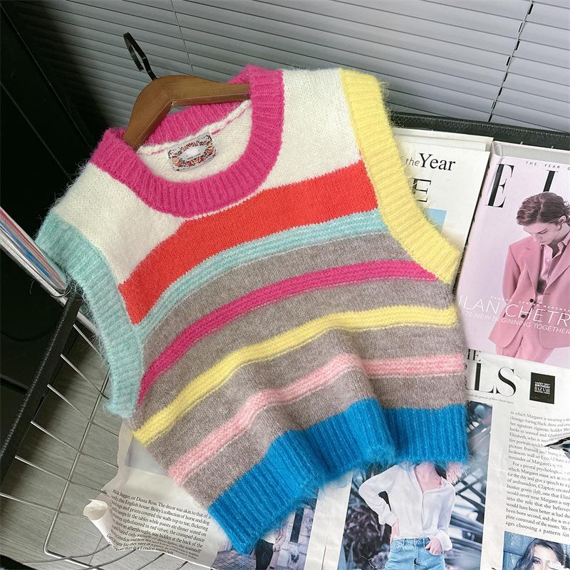 2025 Spring Women's Color Block Striped Crew Neck Knit Vest Sweater