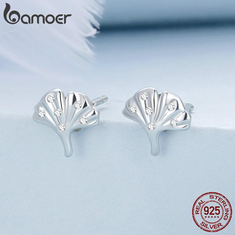 

BAMOER Аутентичные серьги из стерлингового серебра 925 пробы с тонкими блестящими маленькими цирконами в виде листьев гинкго для женщин, ювелирные изделия в подарок 925 silver