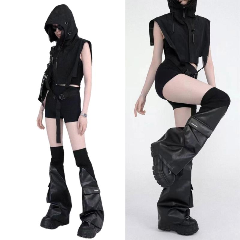  calentadores de piernas de cuero PU Harajuku calcetines largos góticos punk polainas de manga de pierna acampanada puños de invierno góticos calcetines de tobillo