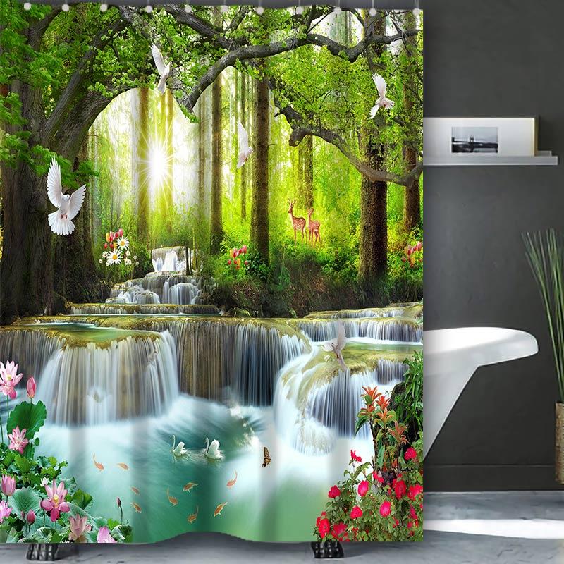 Beautiful Waterfall Bathing Curtain  Bathroom Shower Curtain Waterproof With 12 Hooks Home Deco Free Ship