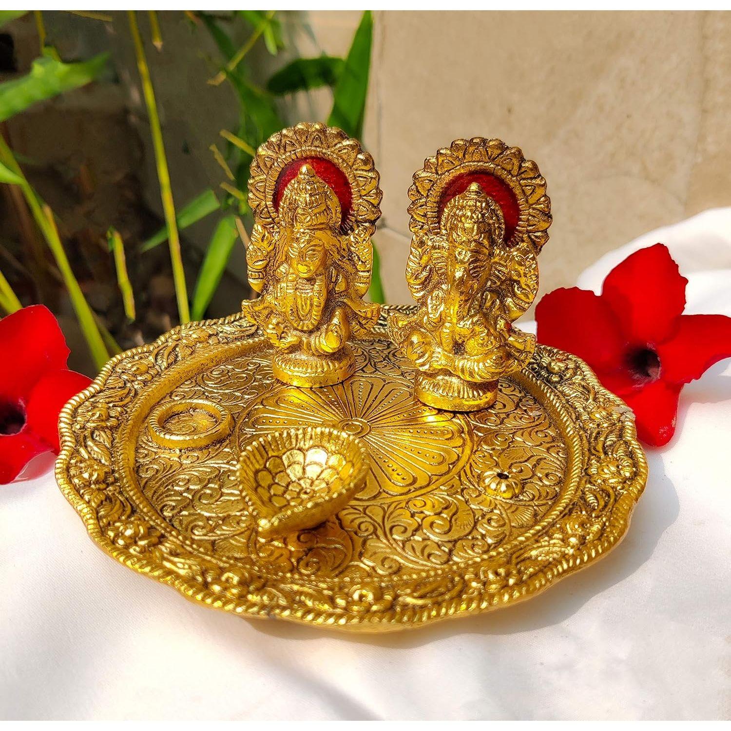 Wonder Care Aluminium Golden Color Plated Laxmi Ganesha Idol Puja Set - Ganapati Lakshmi Plate