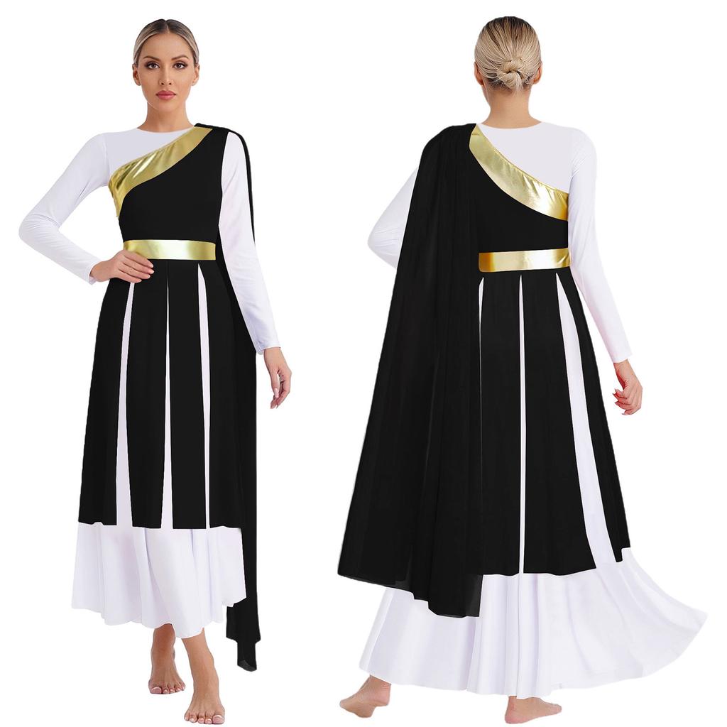 S-XXL Lyrical Worship Dance Dress One Shoulder Sleeveless Metallic Shiny Patchwork Slit Hem Tunic with Drape for Stage