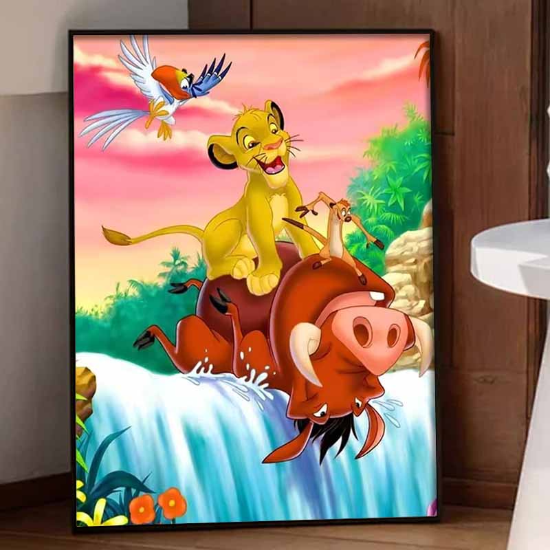 Disney diamond painting 5D round diamond full of diamonds DIY handmade stickers, home decoration paintings Lion King Simba Timon Pumbaa waterfall.