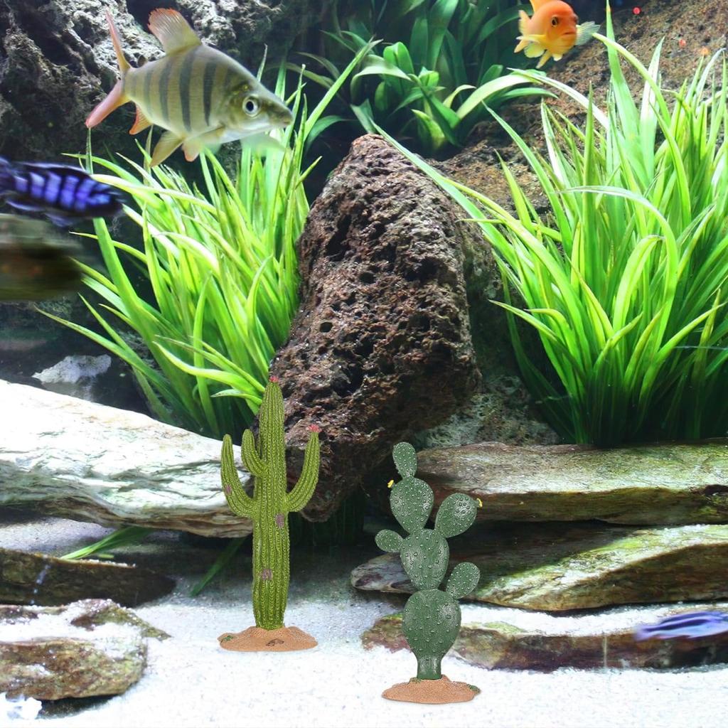 ULTNICE Fake Cactus Statues, 2pcs Realistic Artificial Cactus Figurine for Reptile Aquarium, Simulated Succulent Plant for Home Garden and Office,