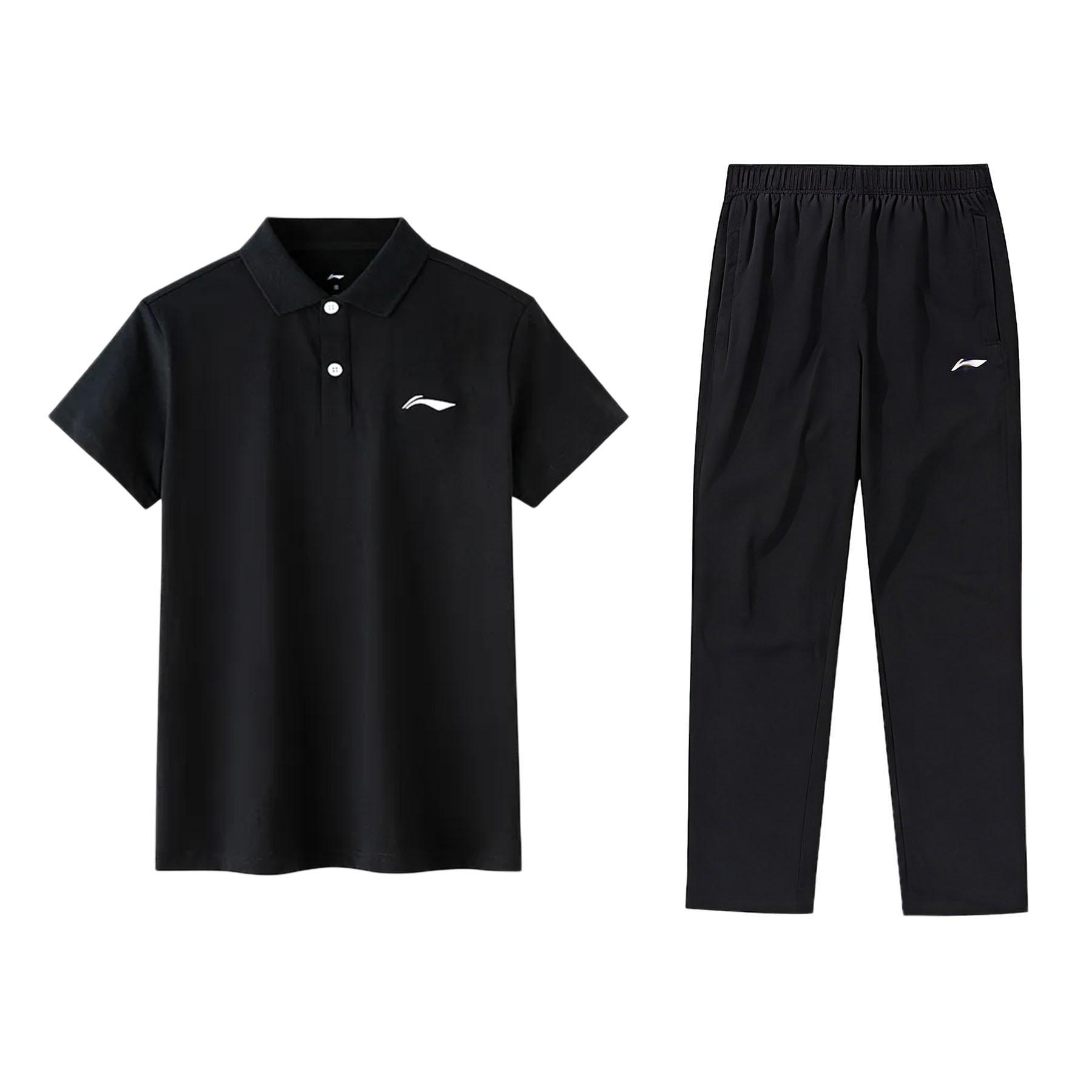 

Li-Ning Summer Cotton Polo Quick-Dry Breathable Cool Casual Sports Suit Men suits Black APLW829-1+AYKU703-1 M