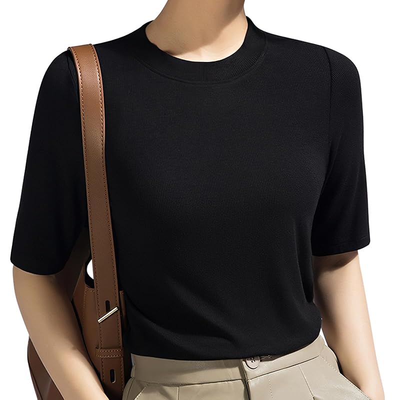 

[YUMISS] Half sleeve T-shirt ladies short sleeve spring summer [The upper arms look thinner and look loose] T-shirt tops Plain color round neck soft