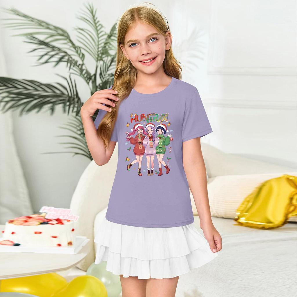 Girls' Round Neck Short Sleeves Christmas Witch Group Print Casual Short Sleeves