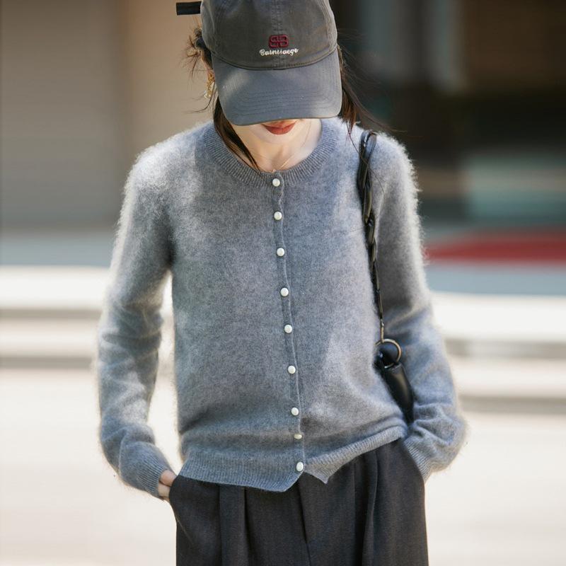Women's Autumn/Winter Brushed Wool Knit Cardigan - Versatile Round Neck Sweater