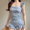 Traje de baño de una pieza para mujer, dulce, lindo, deseo puro, a cuadros azules, estilo Ins, muestra blanca, cubre carne, vacaciones, caliente