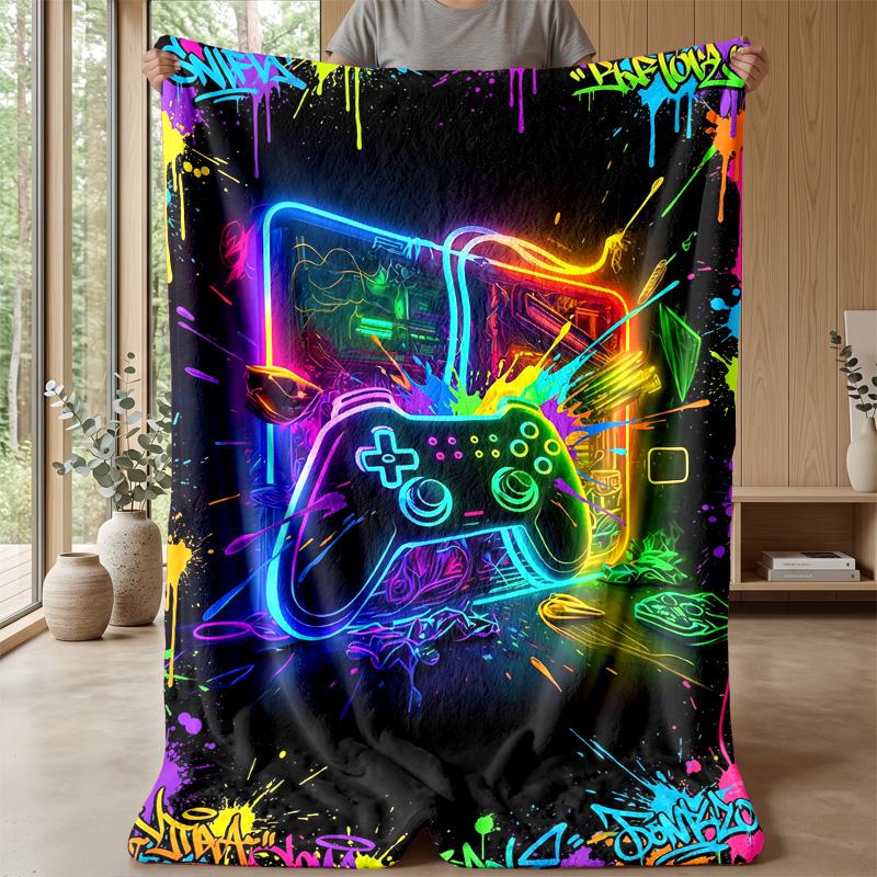 Neon Game Controller Art Theme Blanket Lightweight Warm Flannel Blanket Decorative Throw Blanket for Home Decoration
