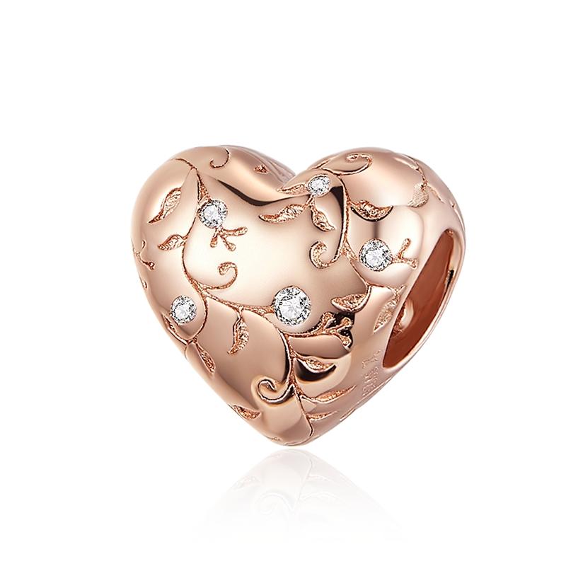 BISAER 925 Silver Rose Gold Charm Bead Heart Flower Pendant For Girl Bracelet DIY Mother's Day Birthday Fine Jewelry