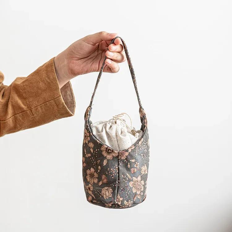 Embroidery Teaware Storage Bag Floral Pattern Cotton Teacup Protective Dustproof Pouch Accessory Outdoor Portable Drawstring Bag