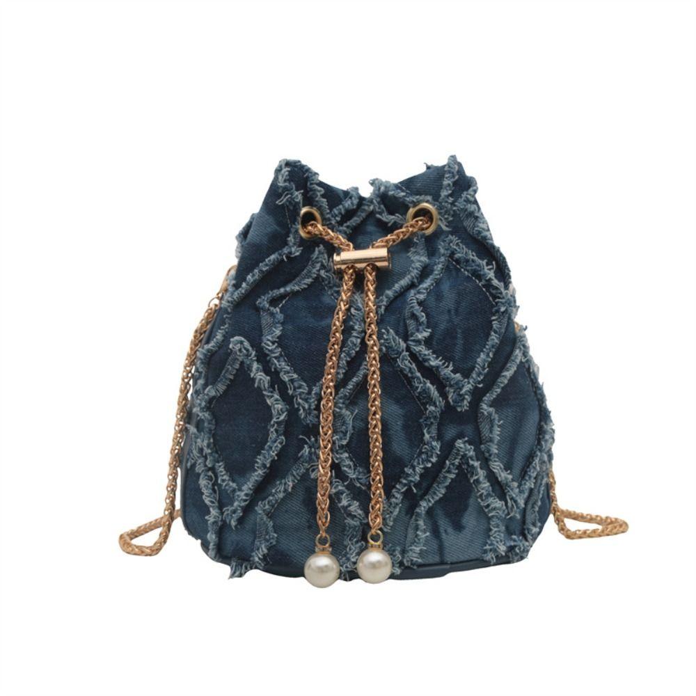 French Pearl Denim Bucket Bag Chain Small Purse Tassel Denim Crossbody Bag Handbag Korean Style Cloth Shoulder Bag Wedding
