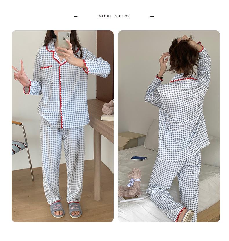 Women's Spring Plaid Cardigan Pajama Set - Shell Collar, Waffle Knit, Faux Cotton, Long Sleeve Casual Homewear