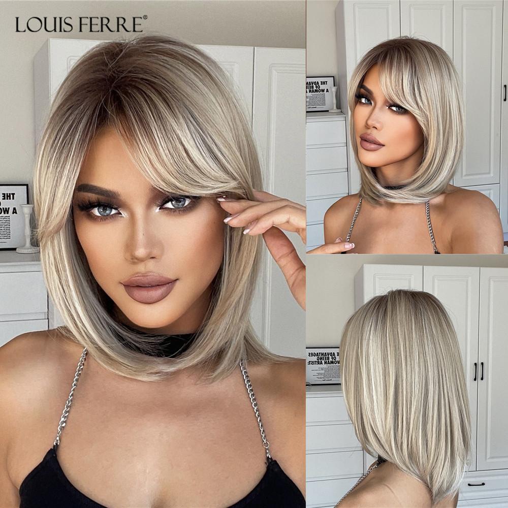 LOUIS FERRE Short Ash Brown Hair Wig for Women Synthetic Ombre Brown Straight Wigs With Bangs Shoulder Length Brown Natural Hair