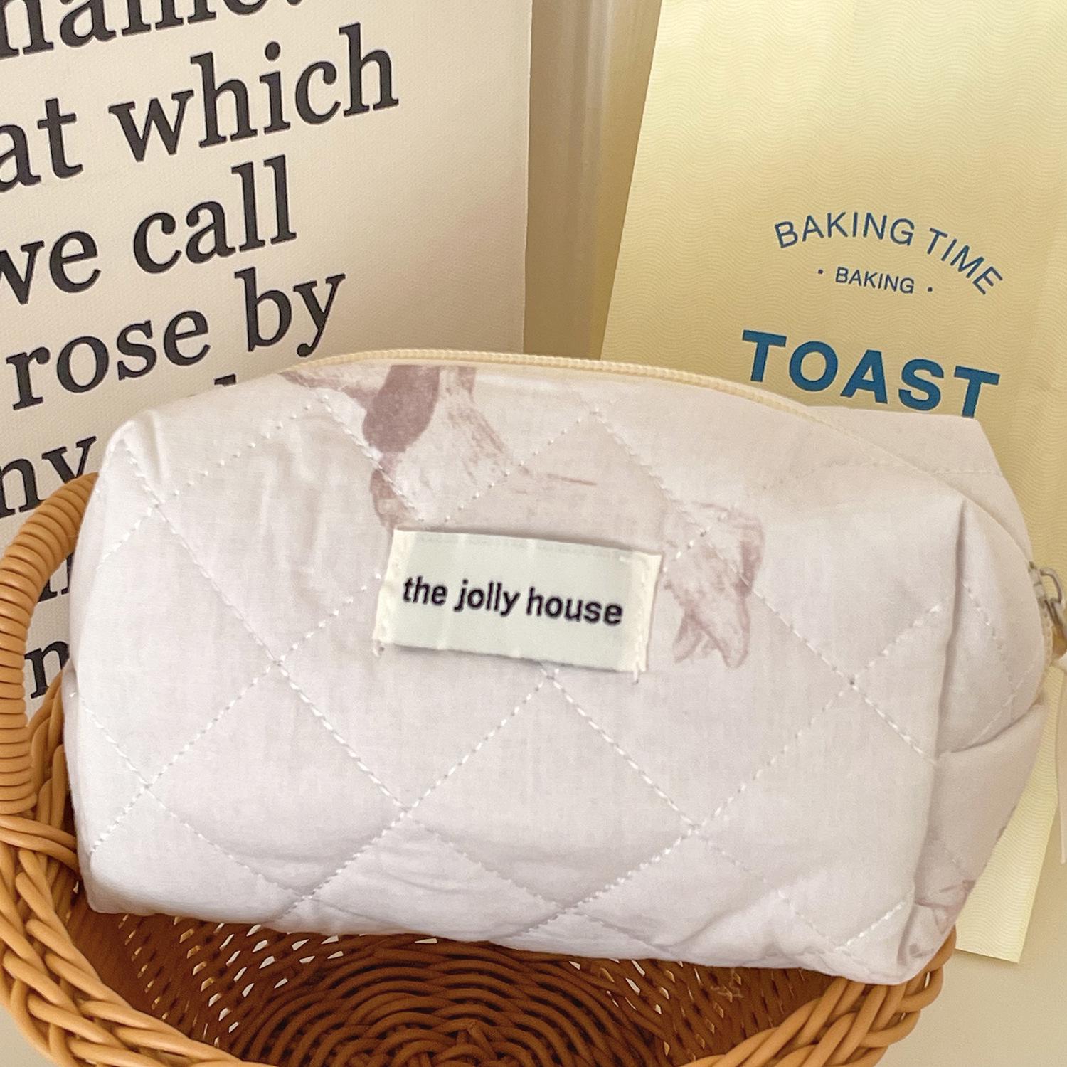 

Milk Tea Quilted Fluffy Makeup Bag - Small Dog Design, Korean Style