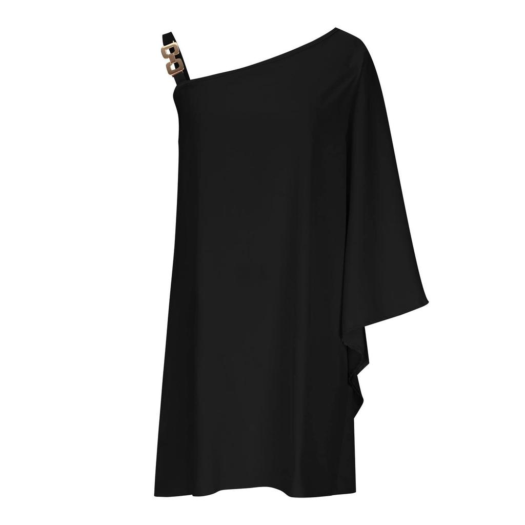 Women's Sexy Off-the-Shoulder One Strap Sloping Shoulder Solid Color Midi Dress