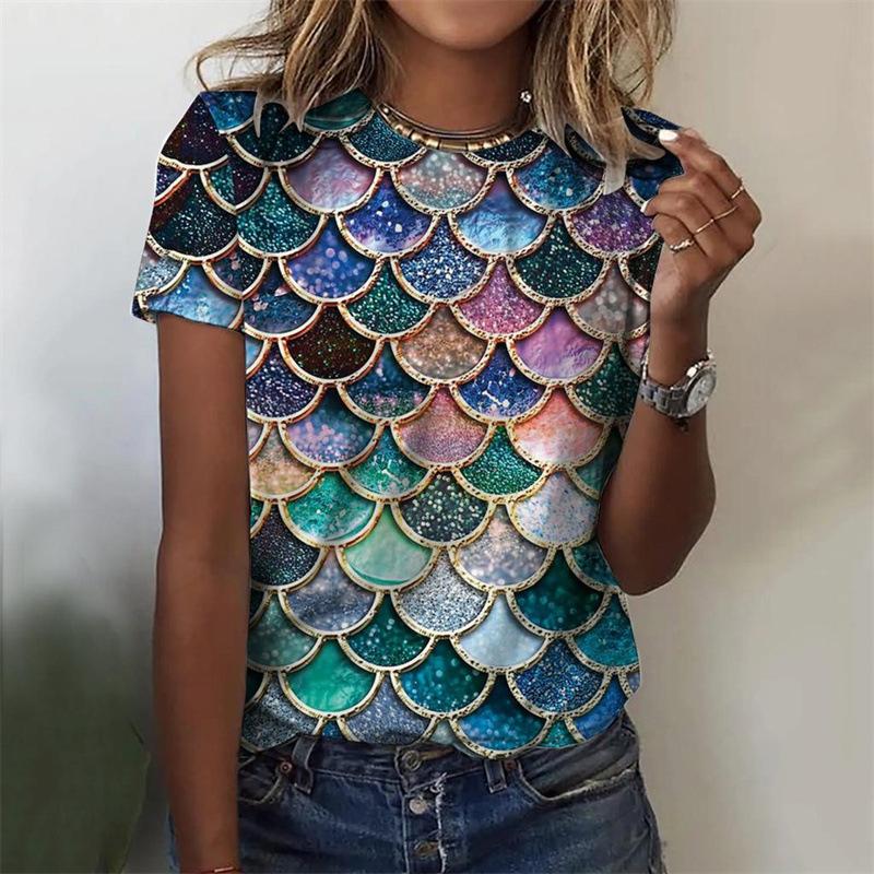 Ladies' Fashion 3D Printed Geometric Pattern Square Stripe Series Loose Casual T-Shirts Women’s