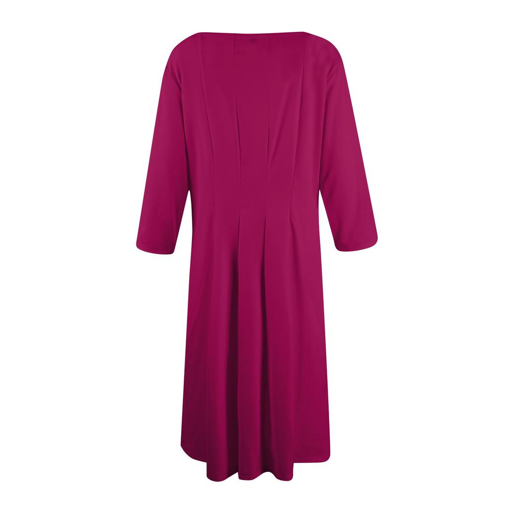 Moda casual feminina gola redonda manga três quartos cor sólida vestido midi