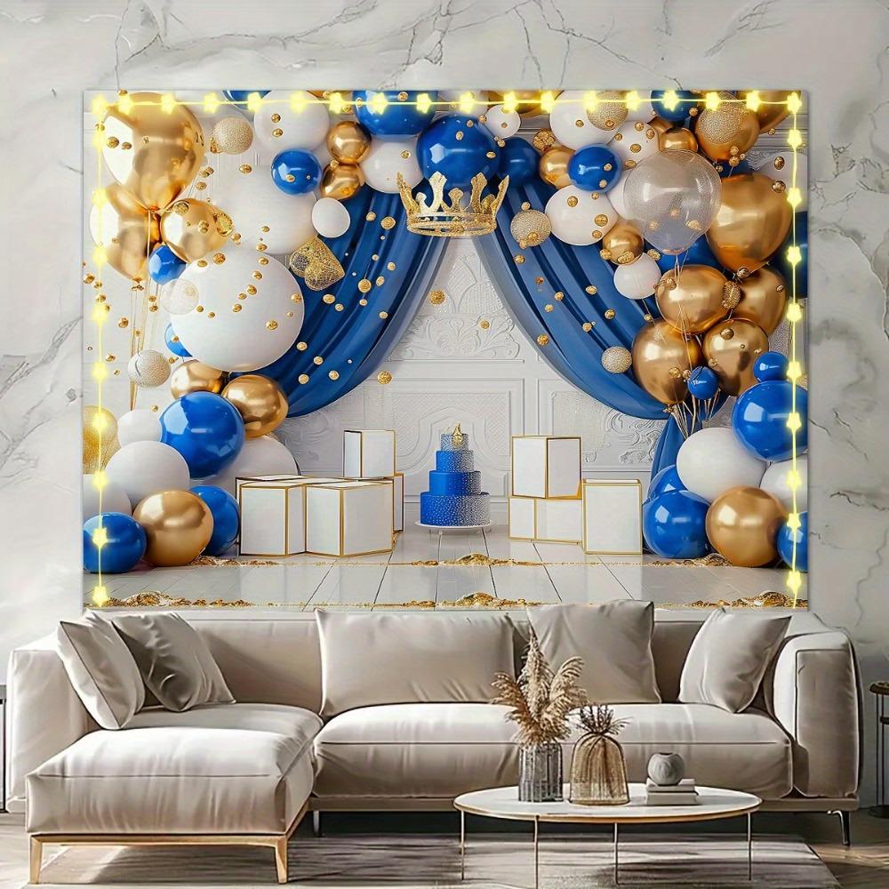 Royal Blue and Gold Crown Birthday Party Background - Multifunctional polyester banner for photography, room decoration, etc