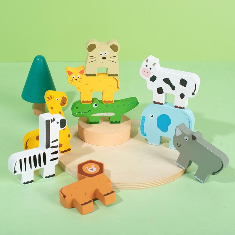 Wooden Animal Stacking Block Game Shape Matching Puzzle Balance Toy Montessori Fine Motor Training Educational Toys For Children